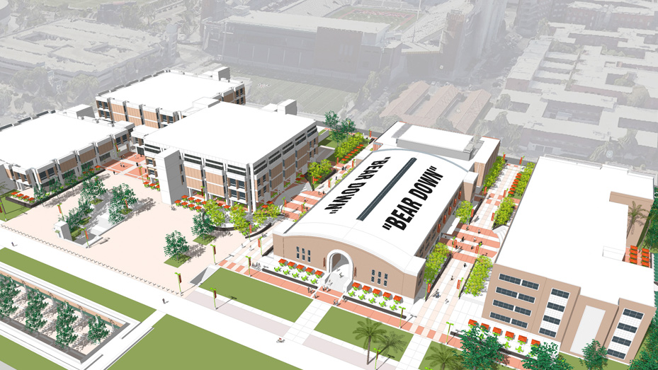 Rendering of Main Library, Bear Down Gym, and Science-Engineering Library