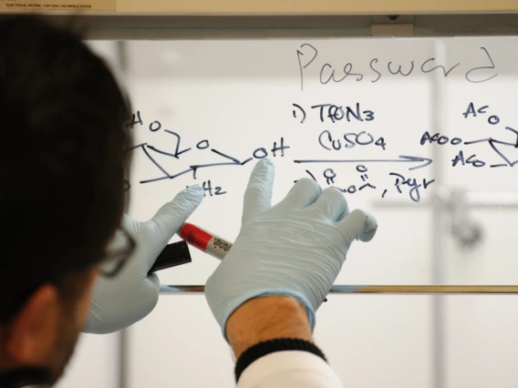 Person studies equation on whiteboard