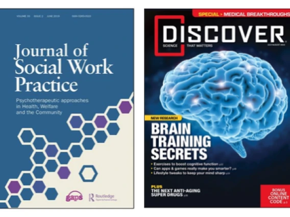 Two journal covers: Journal of social work practice and Discover magazine