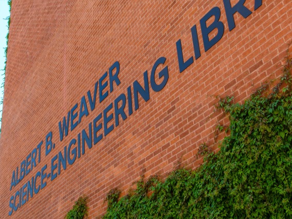 weaver library name on brick wall with green vines