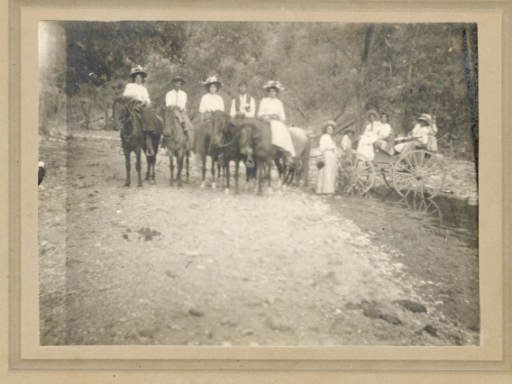 A sepia photograph of the Vasquez and Lopez families at a picnic with friends from Benson, Arizona