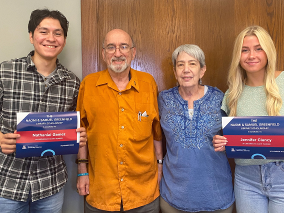 2023 Greenfield Scholarship winners Nathaniel Gamez and Jennifer Clancy with Louise Greenfield and Simon Rosenblat