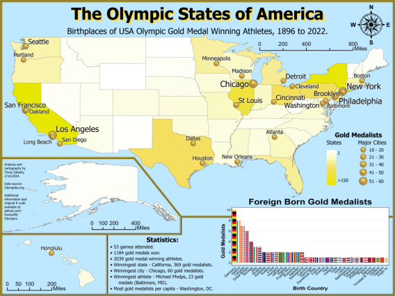 map of United States showing birthplaces of Olympic gold medalists