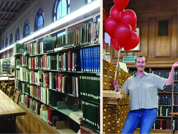 Arizona State Museum library interior and staffer with balloons