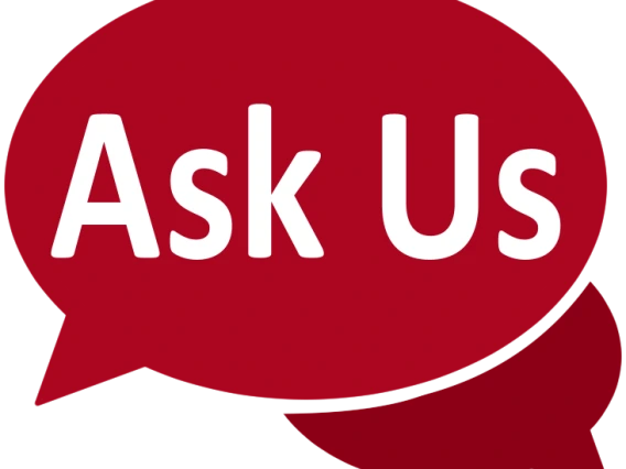 red chat bubble with "Ask Us" in white text