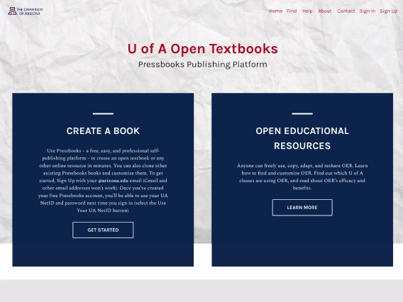 UA Pressbooks home page screen grab