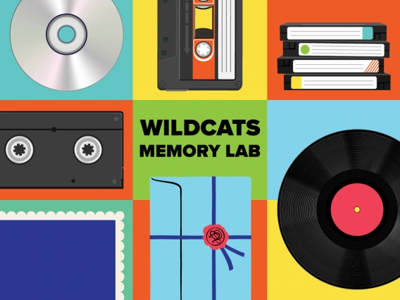 Collage illustration of a CD, VHS, cassette tape, vinyl record, books, and text reading "Wildcats Memory Lab"