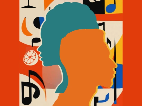 face silouettes against background with musical notes, food icons
