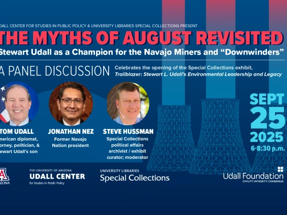 blue graphic with three photos of panel speakers and event details