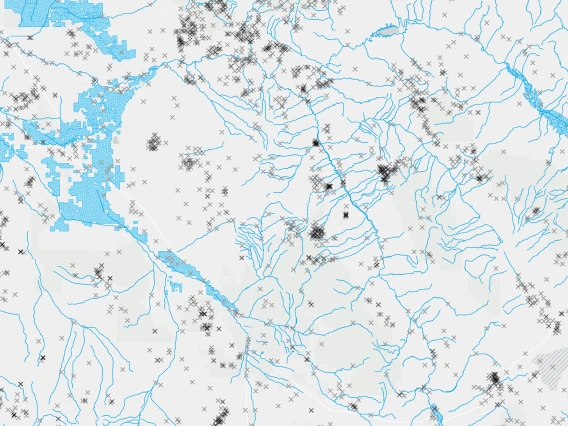 Map containing data downloaded from GeoBlacklight Geospatial Portal including locations of mines, irrigation districts, and streams and rivers.