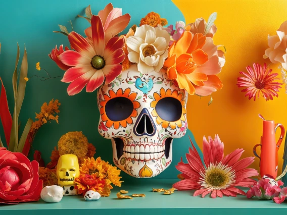 Dia de los Muertos altar with sugar skull and flowers