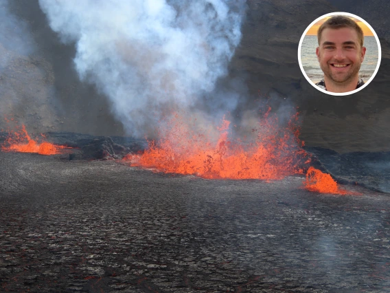 a volcano erupting and a headshot of researcher Brett Carr in the corner