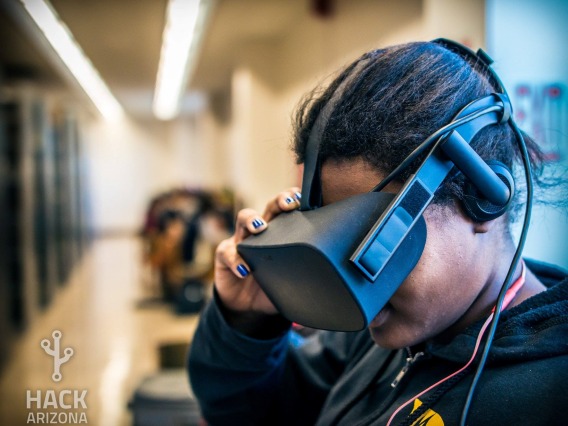student wearing virtual reality goggles