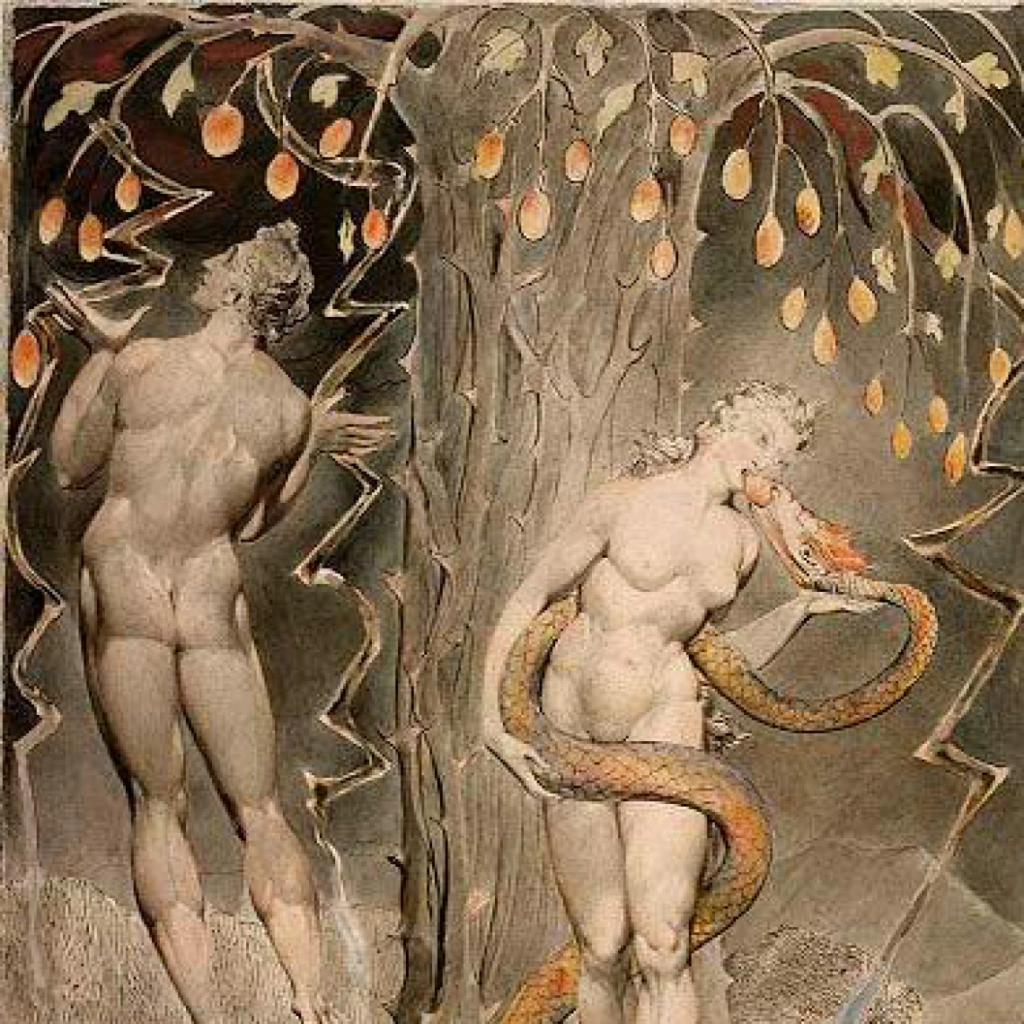 Artwork, pen and watercolor illustration of "The Temptation and Fall of Eve"
