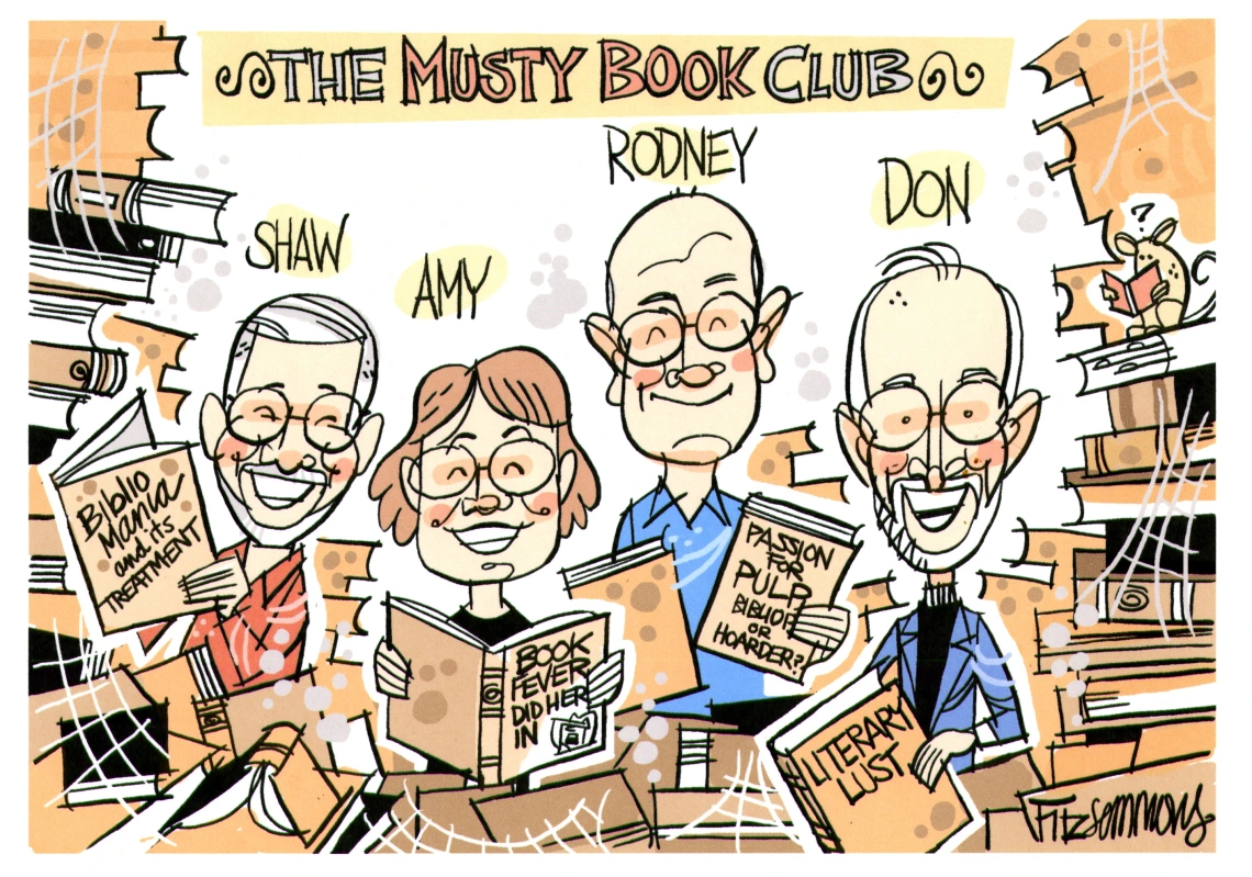 A political cartoon-style drawing of the four members of the Musty Book Club