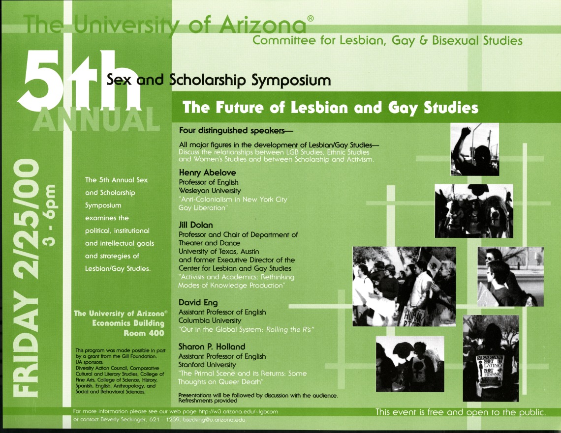 A green and white flier for 5th Annual Sex and Scholarship Symposium: The Future of Lesbian and Gay Studies