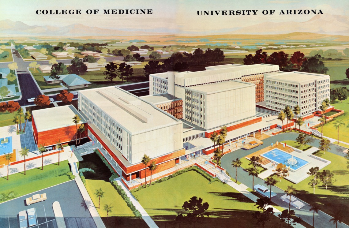 A color postcard depicting a bird's eye view of the University of Arizona College of Medicine in 1967