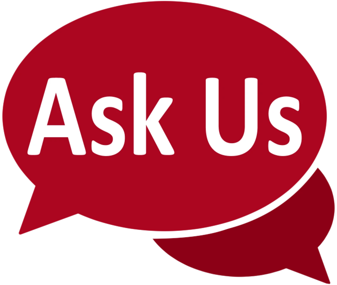 red chat bubble with "Ask Us" in white text