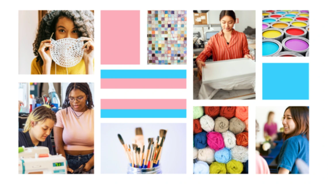 collage of people, yarn, paint brushes, paint, pink/blue/white transgender flag