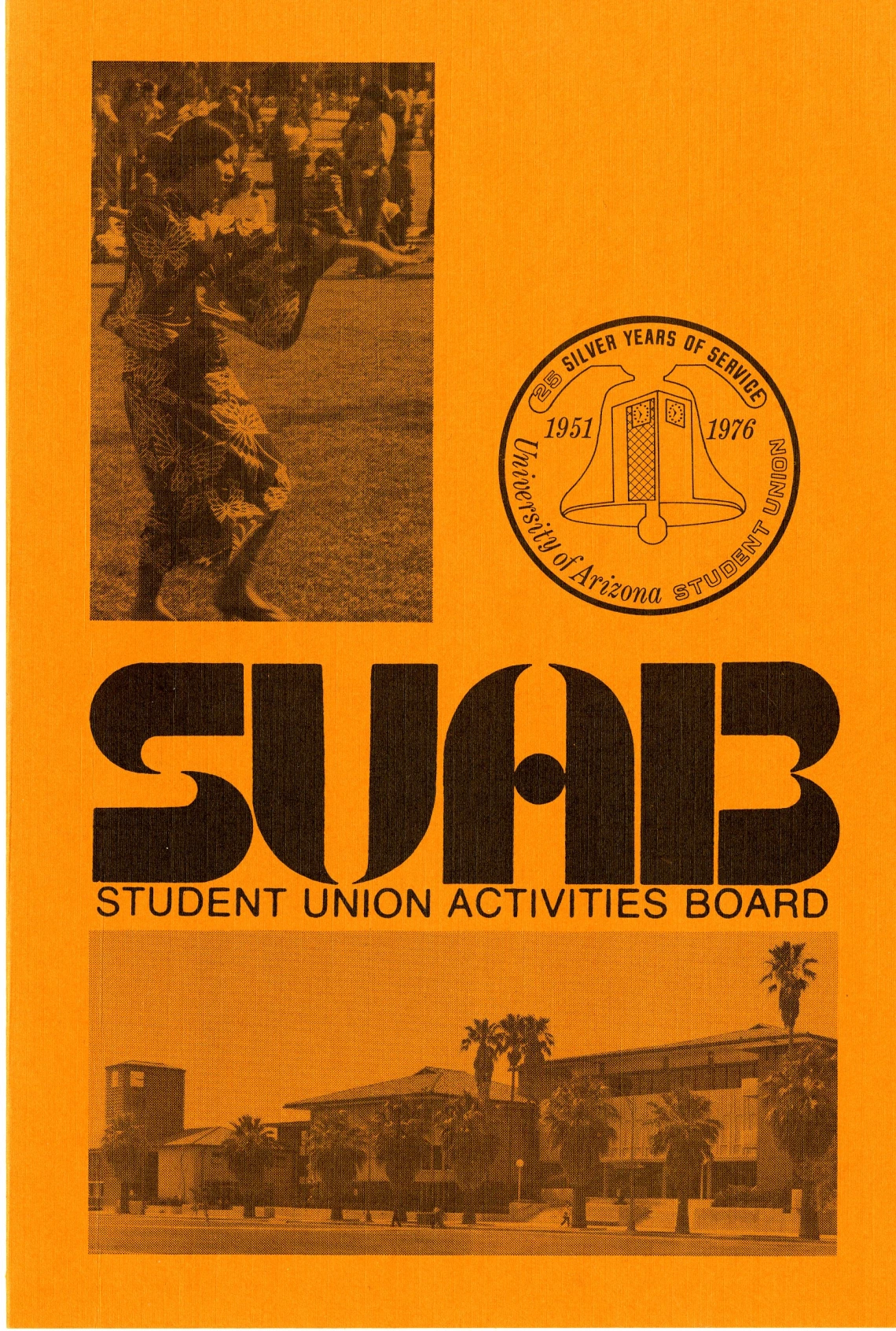 Orange pamphlet for the Student Union Activities Board featuring images of student activities, the student union building, and the Student Union silver anniversary seal.