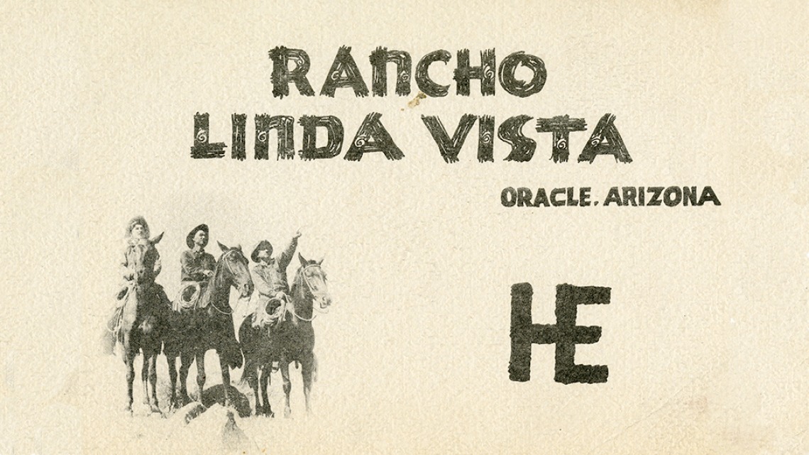 Rancho Linda Vista promotional image depicting cowboys and a cattle brand.