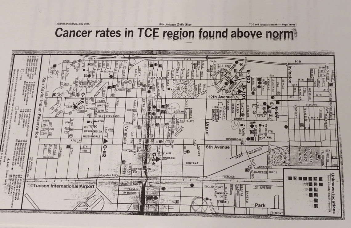 Arizona Daily Star newspaper clipping of a black and white map illustrating rates of TCE within a specific Tucson region.