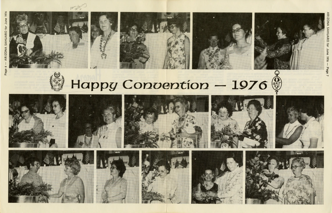 Black and white photo spread with small panels of women taking flowers from a large metal flowerpot before a white stage. Spread is bisected by the words “Happy Convention – 1976."