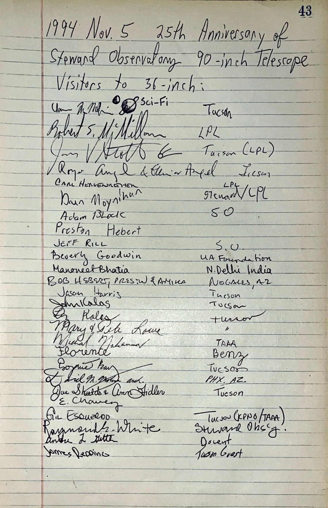 Guestbook page from Steward Observatory on the occasion of the 25th anniversary of the 90-inch telescope.