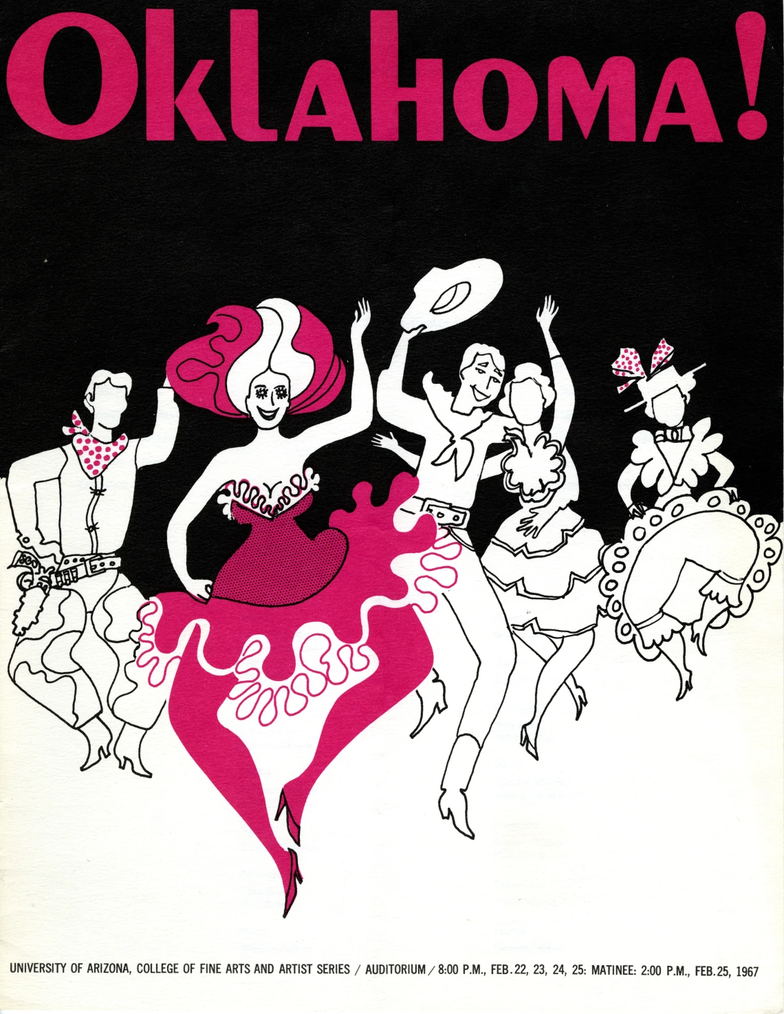 Theatre program for a production of the musical Oklahoma! The program features black, white, and red line drawings of dancing cowboys and showgirls.