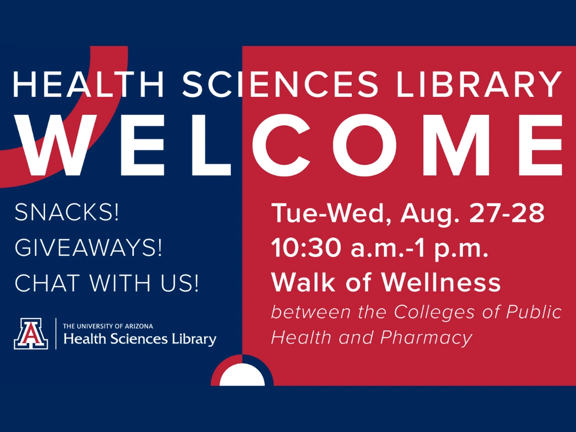 red and blue health sciences library welcome event graphic