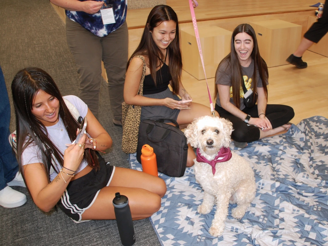 Students pet a therapy dog at Pause for Paws