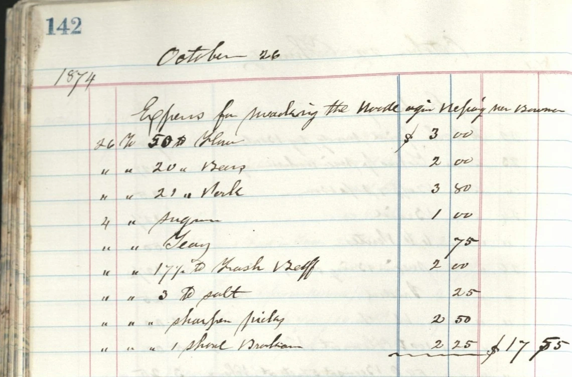 A lined page from Jaeger's account book noting expenses for October 1874.