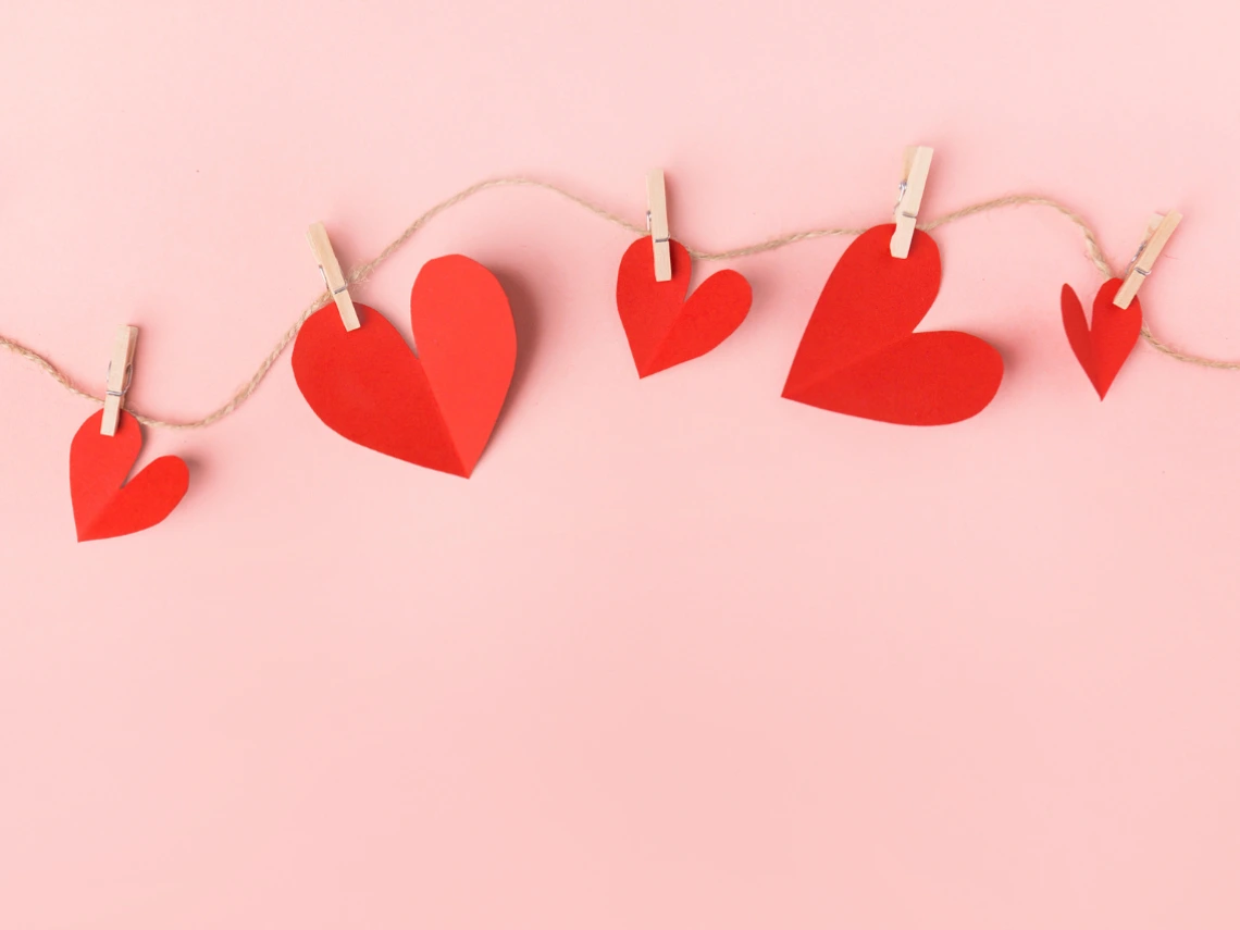 Handmade heart cards on a clothesline