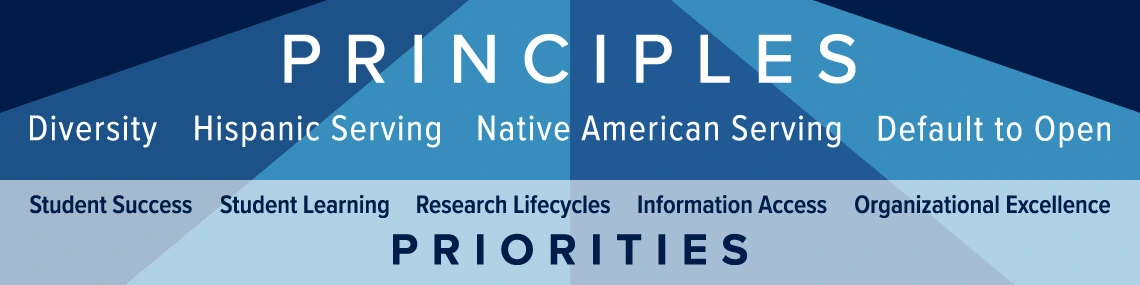 rectangular graphic in different shades of blue with list of UAL principles and priorities