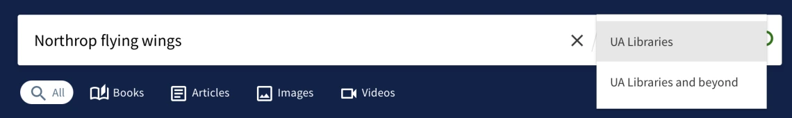 Library search box showing the "UA Libraries" dropdown