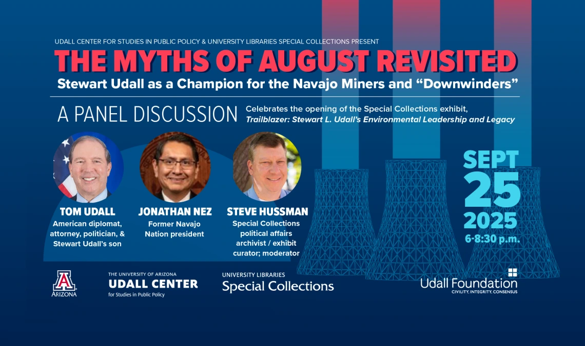 blue graphic with three photos of panel speakers and event details