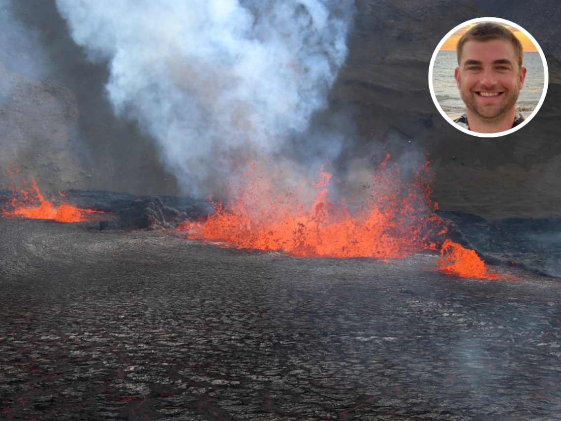 a volcano erupting and a headshot of researcher Brett Carr in the corner