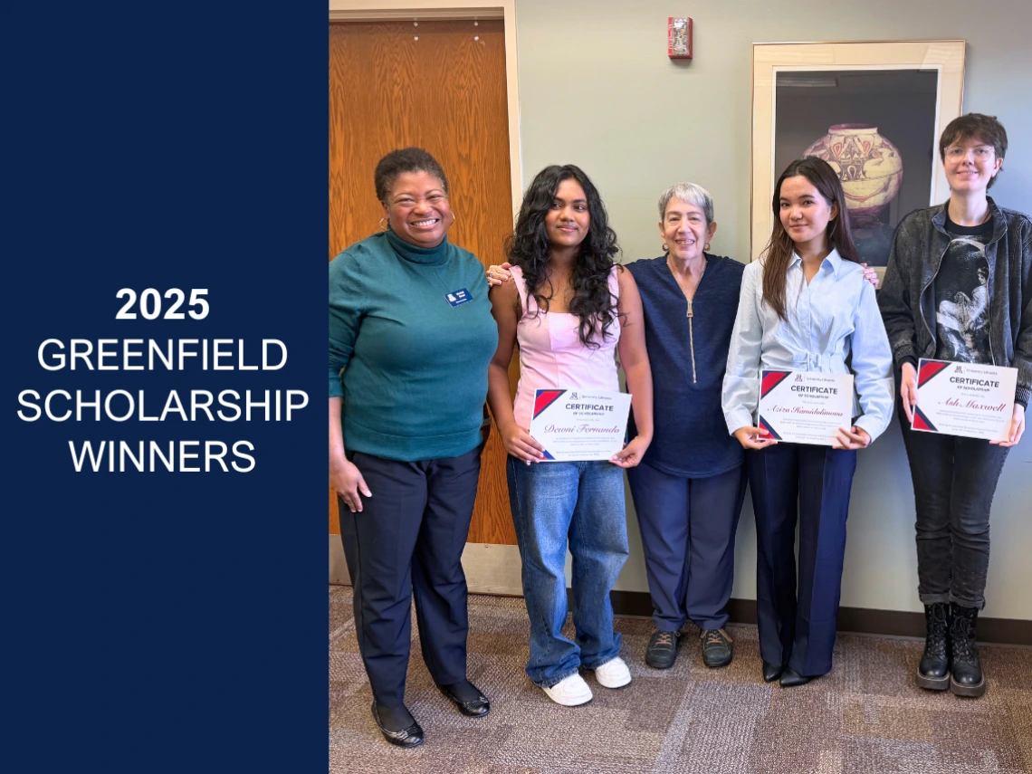 Group photo of Vice Dean Harriett Green, Dewni Fernando, Louise Greenfield, Aziza Hamidolimova, Ash Maxwell 