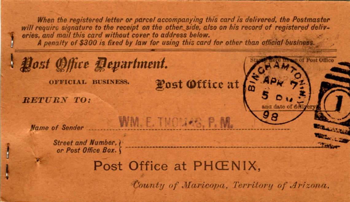 Receipt from Certified Mail Sent by Thomas to Bundy Manufacturing Company, circa 1894-1898