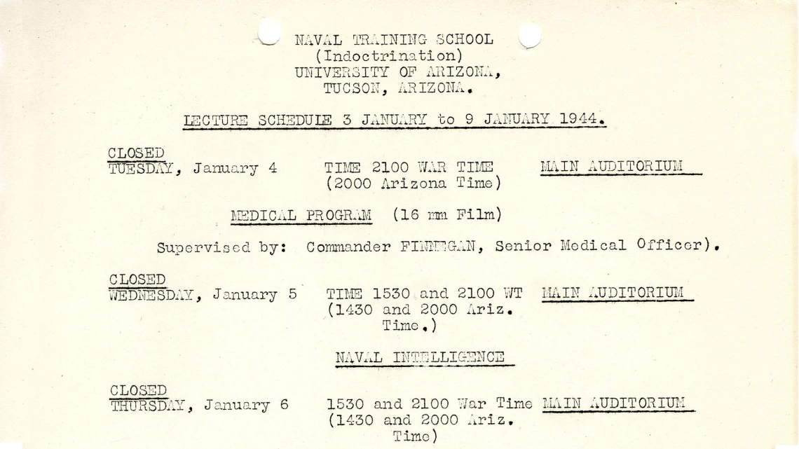 Lecture Schedule for United States Naval Training School (Indoctrination), January 3-9, 1944