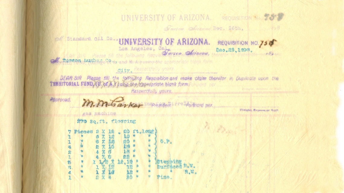 Page from Requisition Book for University of Arizona Purchases, December 29, 1898