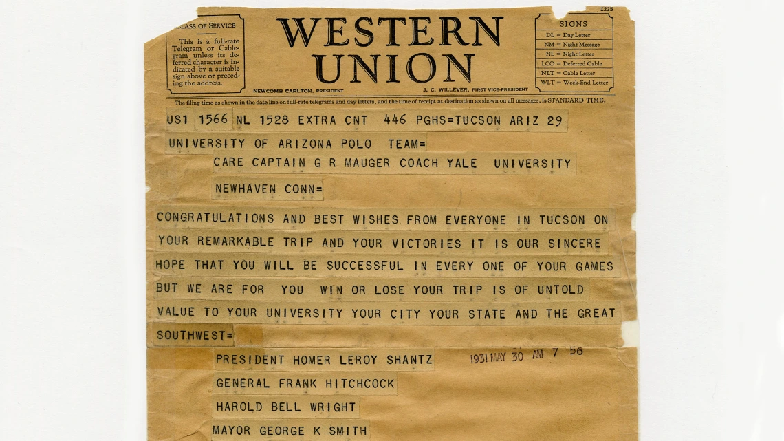 Telegram to the University of Arizona Polo Team from Tucson Citizens, May 30, 1931