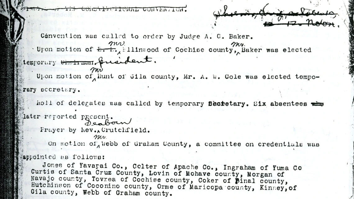 Typed page with handwritten edits from the Complete Verbatim Report, Arizona Constitutional Convention, 1910