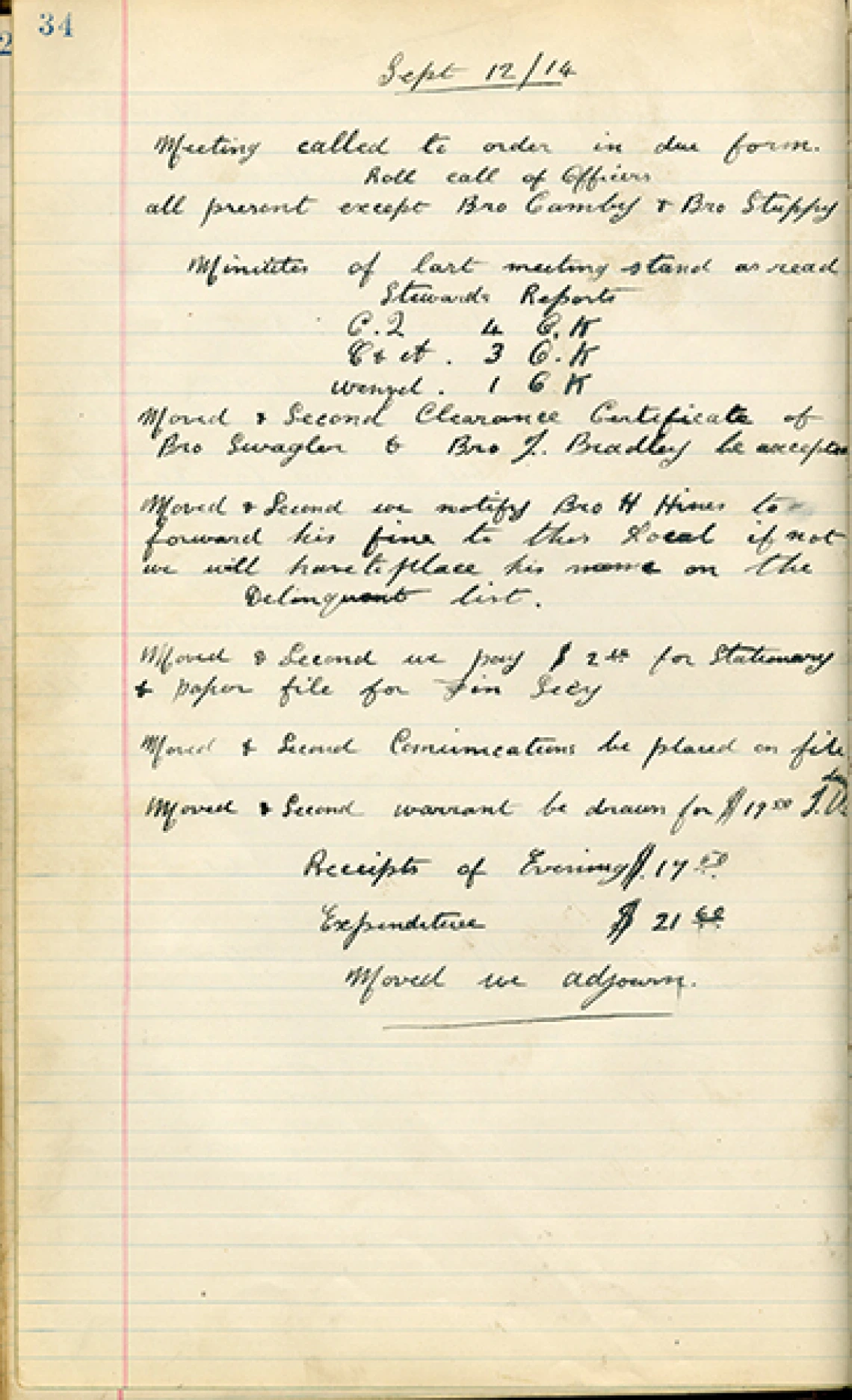 Page of Meeting Notes from Bricklayers, Masons, and Plasterers International Union of America