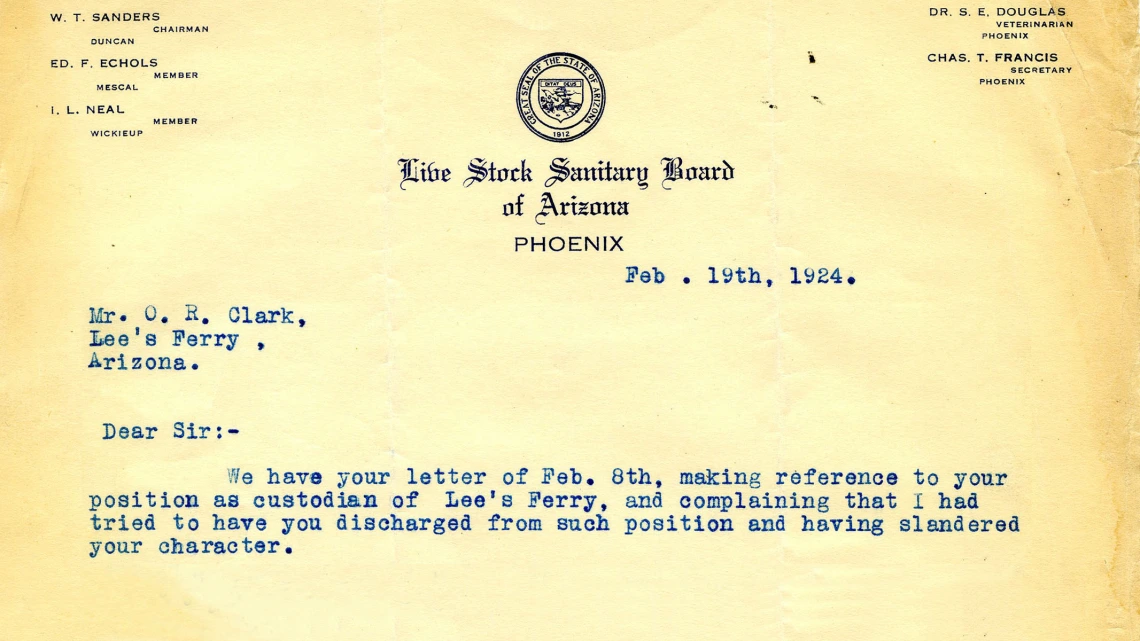 Correspondence to Mr. O.R. Clark from Charles L. Francis, Secretary of the Live Stock Sanitary Board of Arizona, February 19, 1924