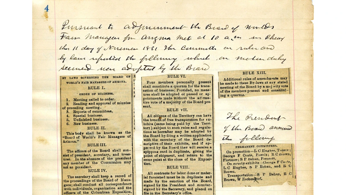 Excerpt From Page 4 of Minutes of Meetings of the Arizona Board of World's Fair Managers, 1891