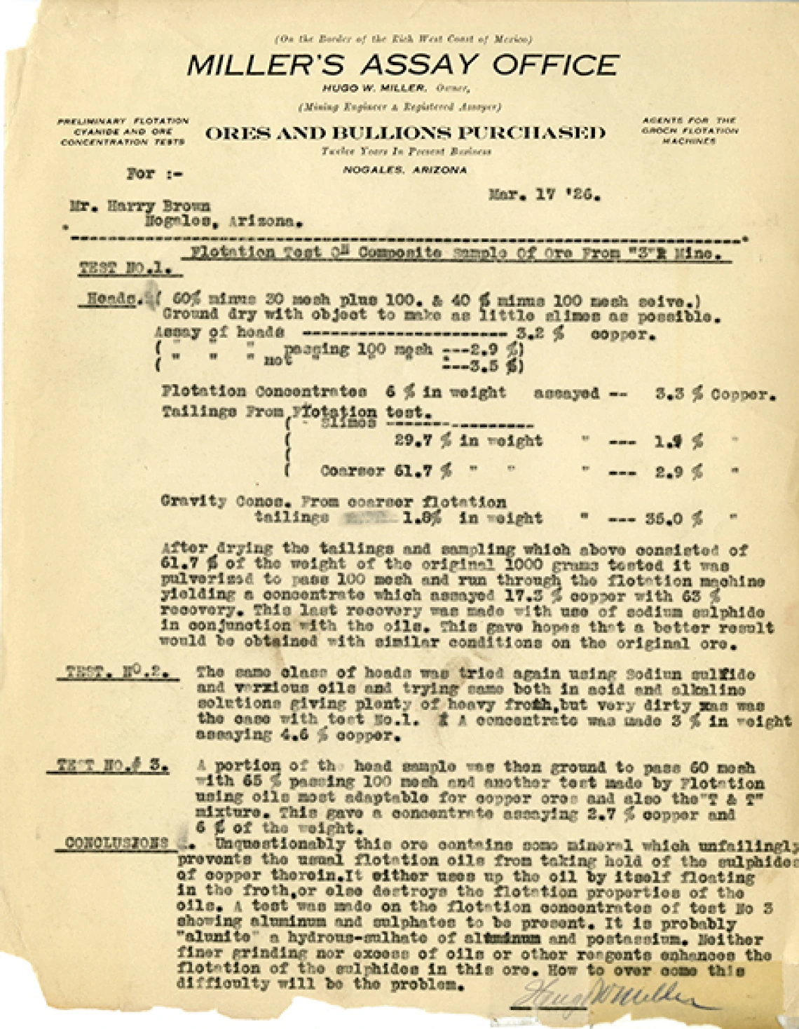 Assay Results from Miller's Assay Office