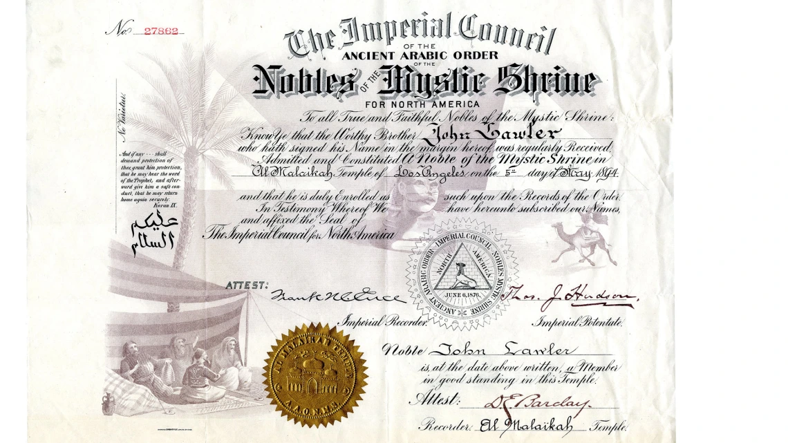 The Imperial Council of the Ancient Arabic Order Admittance Certificate for John Lawler, May 5, 1894