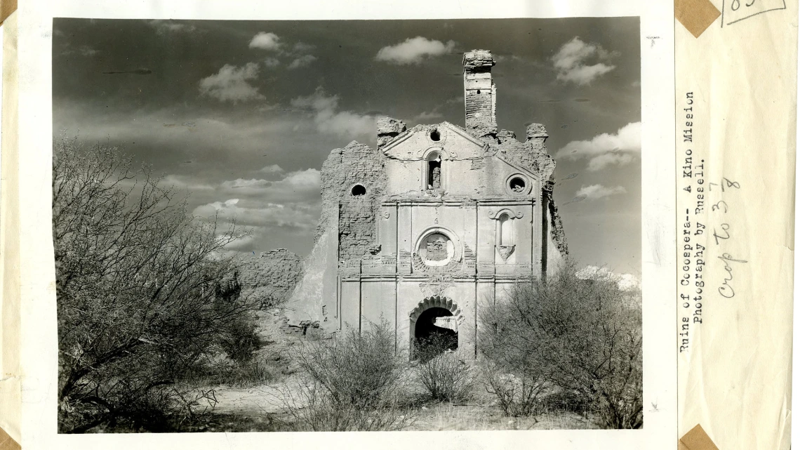 Black and white photograph of the ruins of Cocospera, A Kino Mission, Photographed by Russell, 1934