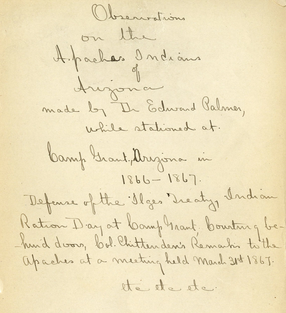 First page of "Observations on the Apache Indians of Arizona"